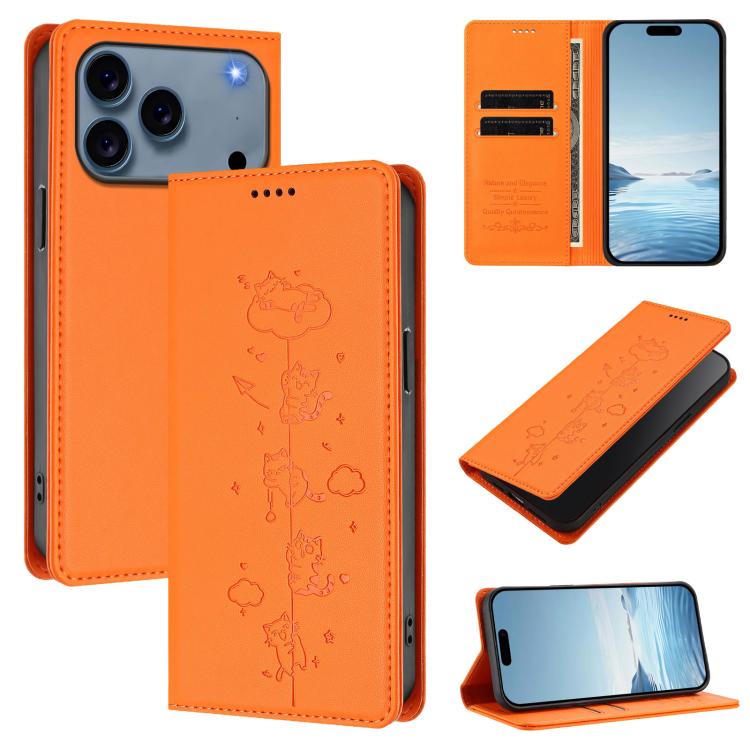 かわいい猫の型押し 磁気 RFID ヴィーガンレザー スマホケース、iPhone 17e / 16e用、iPhone 17 Pro Max用、iPhone 17 Pro用、iPhone 17用
