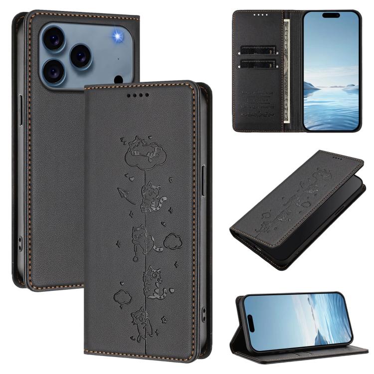 かわいい猫の型押し 磁気 RFID ヴィーガンレザー スマホケース、iPhone 17e / 16e用、iPhone 17 Pro Max用、iPhone 17 Pro用、iPhone 17用