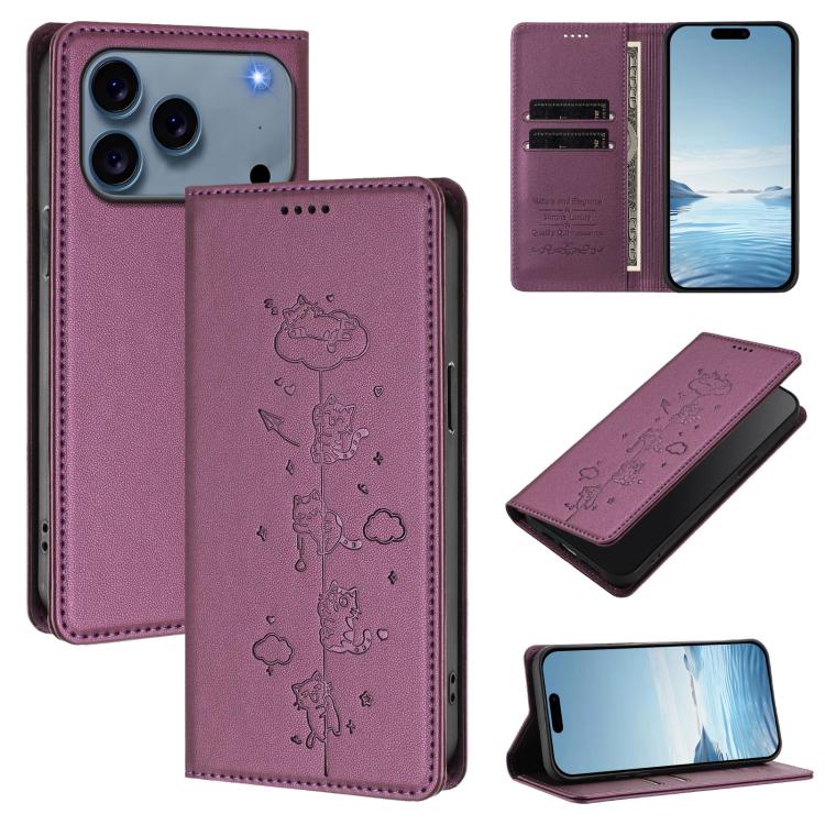 かわいい猫の型押し 磁気 RFID ヴィーガンレザー スマホケース、iPhone 17e / 16e用、iPhone 17 Pro Max用、iPhone 17 Pro用、iPhone 17用