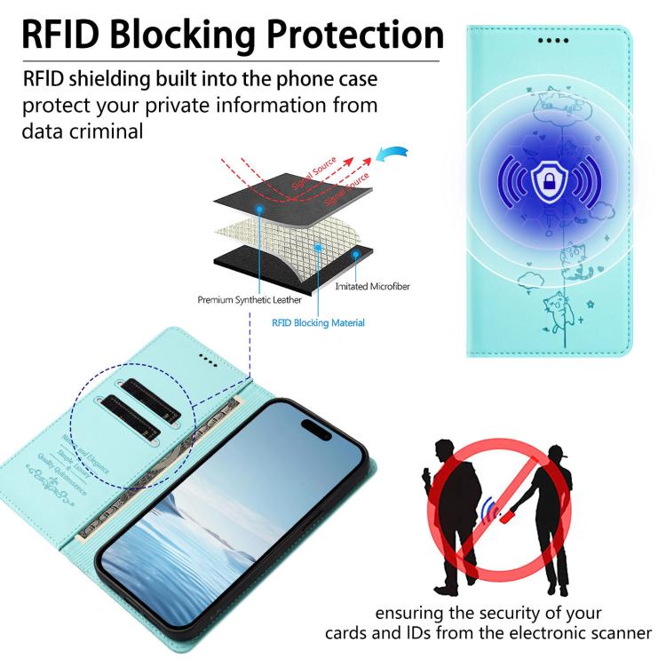 かわいい猫の型押し磁気RFIDヴィーガンレザーフォンケース iPhone Air用、iPhone 16 Pro Max用、iPhone 16 Pro用、iPhone 16 Plus用