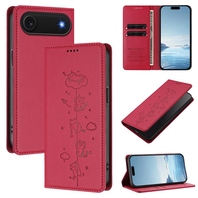 かわいい猫の型押し磁気RFIDヴィーガンレザーフォンケース iPhone Air用、iPhone 16 Pro Max用、iPhone 16 Pro用、iPhone 16 Plus用