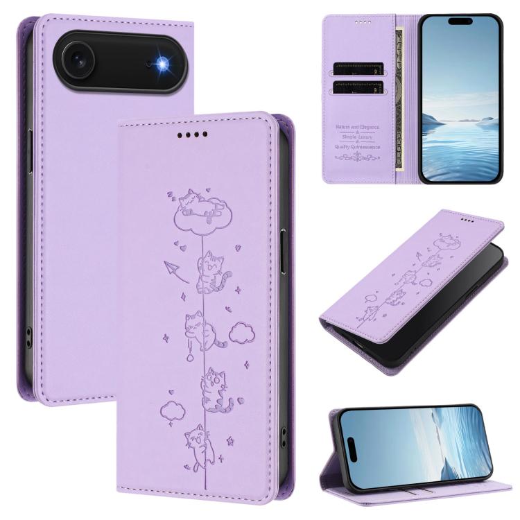 かわいい猫の型押し磁気RFIDヴィーガンレザーフォンケース iPhone Air用、iPhone 16 Pro Max用、iPhone 16 Pro用、iPhone 16 Plus用