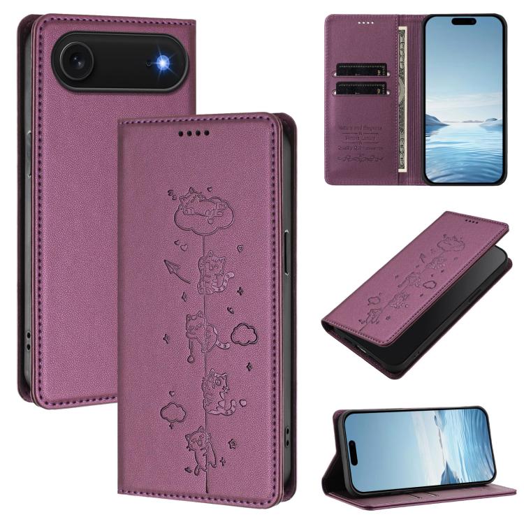 かわいい猫の型押し磁気RFIDヴィーガンレザーフォンケース iPhone Air用、iPhone 16 Pro Max用、iPhone 16 Pro用、iPhone 16 Plus用
