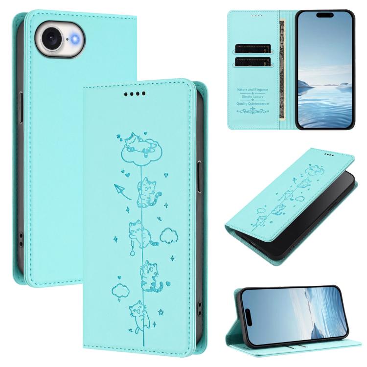 かわいい猫の型押し 磁気 RFID ヴィーガンレザー スマホケース、iPhone 17e / 16e用、iPhone 17 Pro Max用、iPhone 17 Pro用、iPhone 17用