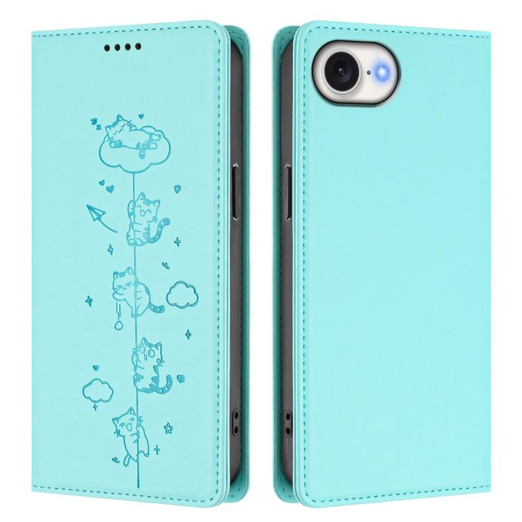 かわいい猫の型押し 磁気 RFID ヴィーガンレザー スマホケース、iPhone 17e / 16e用、iPhone 17 Pro Max用、iPhone 17 Pro用、iPhone 17用