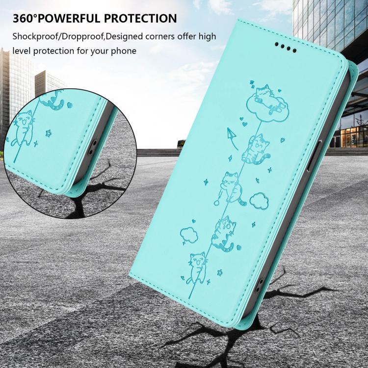 かわいい猫の型押し 磁気 RFID ヴィーガンレザー スマホケース、iPhone 17e / 16e用、iPhone 17 Pro Max用、iPhone 17 Pro用、iPhone 17用