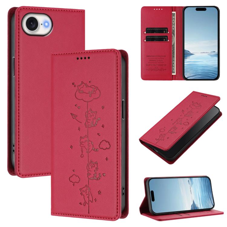 かわいい猫の型押し 磁気 RFID ヴィーガンレザー スマホケース、iPhone 17e / 16e用、iPhone 17 Pro Max用、iPhone 17 Pro用、iPhone 17用