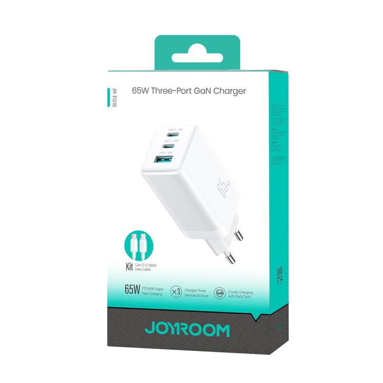 JOYROOM JR-TG10 65W GaN デュアルType-C、USB 3ポート充電器 Type-C to Type-Cケーブル付き EUプラグ、UKプラグ
