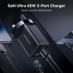 JOYROOM JR-TG10 65W GaN デュアルType-C、USB 3ポート充電器 Type-Cから8ピンケーブル付き、UKプラグ