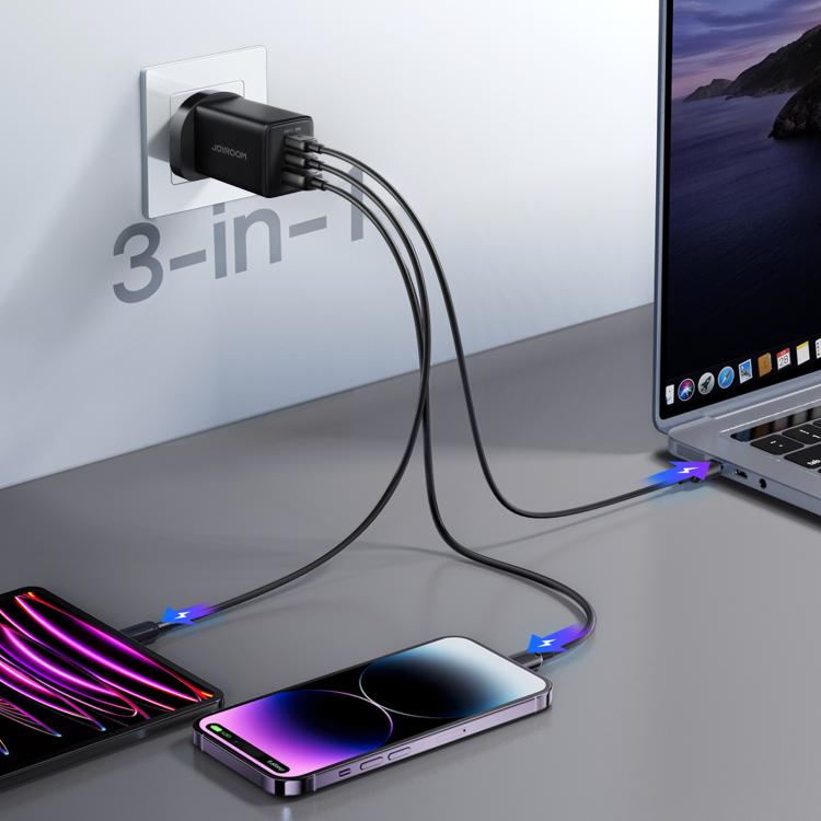 JOYROOM JR-TG10 65W GaN デュアルType-C、USB 3ポート充電器 Type-Cから8ピンケーブル付き、UKプラグ