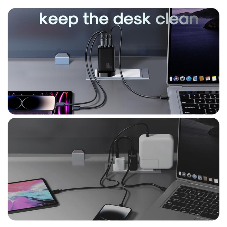 JOYROOM JR-TG10 65W GaN デュアルType-C、USB 3ポート充電器 Type-Cから8ピンケーブル付き、UKプラグ
