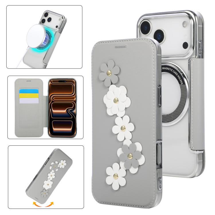フローラル磁気メッキカードホルダーヴィーガンレザースマホケース、iPhone 17 Pro Max用、iPhone 17 Pro用、iPhone 17用、iPhone Air用、iPhone 16 Pro Max用、iPhone 16 Pro用、iPhone 16 Plus用、iPhone 16用、iPhone 15 Pro Max用