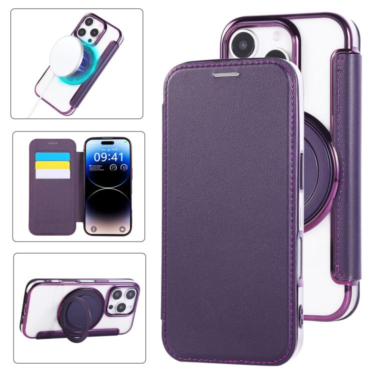 超薄型回転ホルダー 磁気メッキ ヴィーガンレザー スマホケース、iPhone 16 Pro用、iPhone 16 Plus用、iPhone 16用、iPhone 15 Pro Max用、iPhone 15 Pro用、iPhone 15 Plus / 14 Plus用