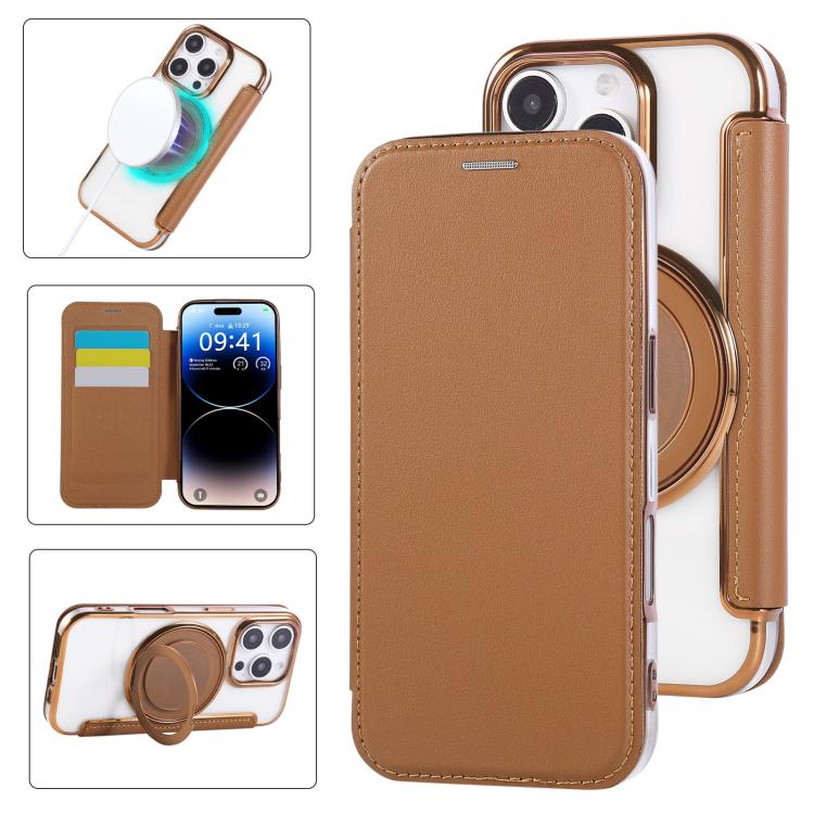 超薄型回転ホルダー 磁気メッキ ヴィーガンレザー スマホケース、iPhone 16 Pro用、iPhone 16 Plus用、iPhone 16用、iPhone 15 Pro Max用、iPhone 15 Pro用、iPhone 15 Plus / 14 Plus用