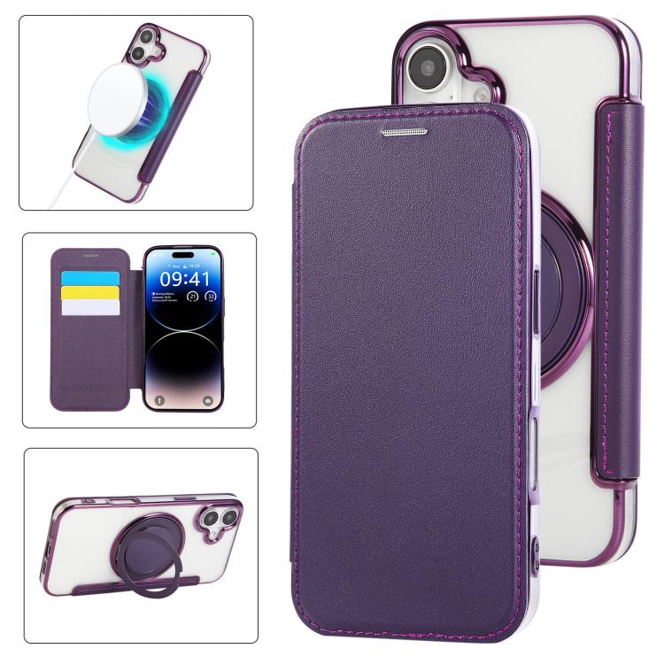 超薄型回転ホルダー 磁気メッキ ヴィーガンレザー スマホケース、iPhone 16 Pro用、iPhone 16 Plus用、iPhone 16用、iPhone 15 Pro Max用、iPhone 15 Pro用、iPhone 15 Plus / 14 Plus用
