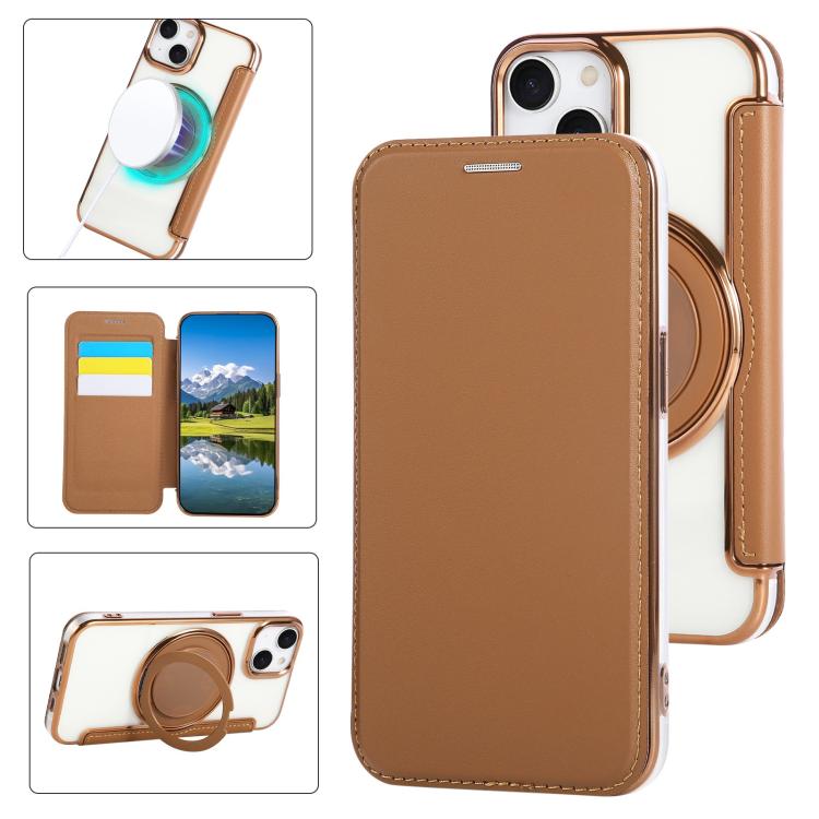 超薄型回転ホルダーマグネットメッキヴィーガンレザー携帯ケース、iPhone 15用、iPhone 14 / 13用、iPhone 14 Pro用、iPhone 14 Pro Max用、iPhone 13 Pro Max用、iPhone 13 Pro用