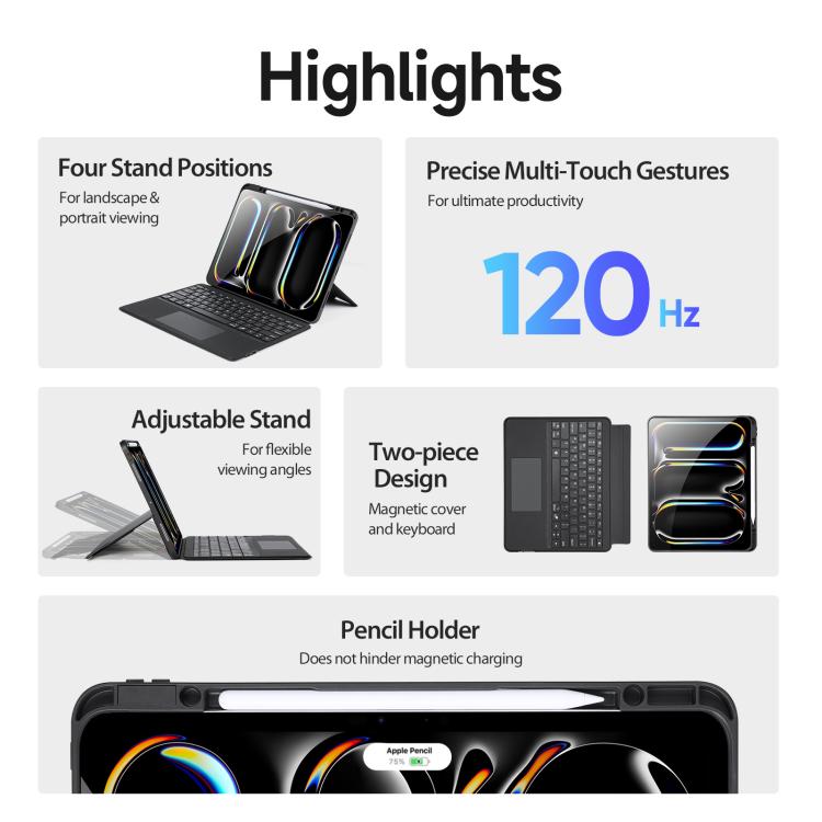 DUX DUCIS DKシリーズバックライト磁気ワイヤレスキーボードヴィーガンレザータブレットケース、iPad Pro 13 2025 / 2024対応、iPad Pro 11 2025 / 2024対応、iPad 2025 / 2022対応、iPad Air 11 2025 / 2024対応、iPad Air 13 2025 / 2024対応