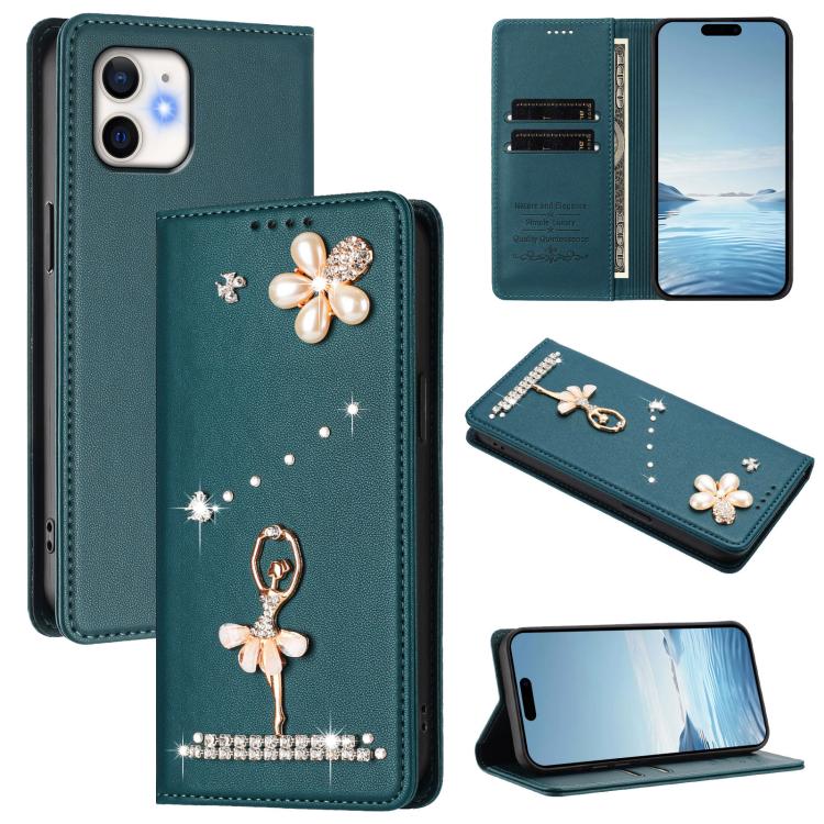 Ballet Girl Diamond Studded RFID Vegan Leather Phone Case, For iPhone 13 Pro, For iPhone 12 / 12 Pro, For iPhone 12 Pro Max, For iPhone 11 Pro Max, For iPhone 11, For iPhone 11 Pro