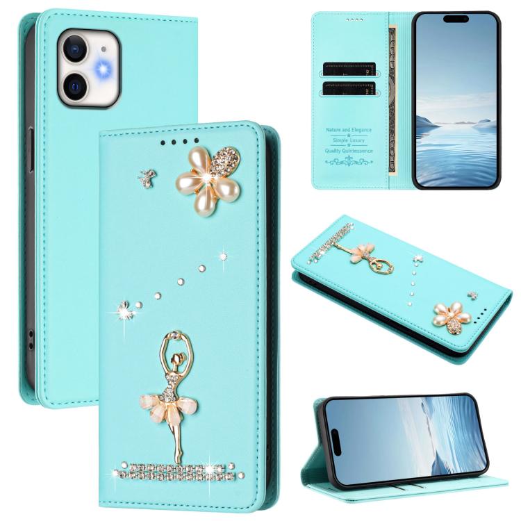 Ballet Girl Diamond Studded RFID Vegan Leather Phone Case, For iPhone 13 Pro, For iPhone 12 / 12 Pro, For iPhone 12 Pro Max, For iPhone 11 Pro Max, For iPhone 11, For iPhone 11 Pro