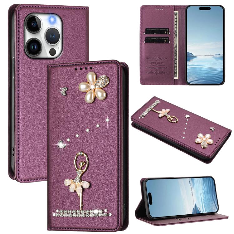 Ballet Girl Diamond Studded RFID Vegan Leather Phone Case, For iPhone 15, For iPhone 14 Plus, For iPhone 14 / 13, For iPhone 14 Pro, For iPhone 14 Pro Max, For iPhone 13 Pro Max
