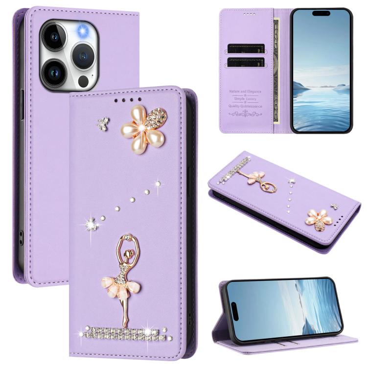 バレリーナダイヤモンドスタッズRFIDヴィーガンレザースマホケース、iPhone 16 Pro用、iPhone 16 Plus用、iPhone 16用、iPhone 15 Pro Max用、iPhone 15 Pro用、iPhone 15 Plus用