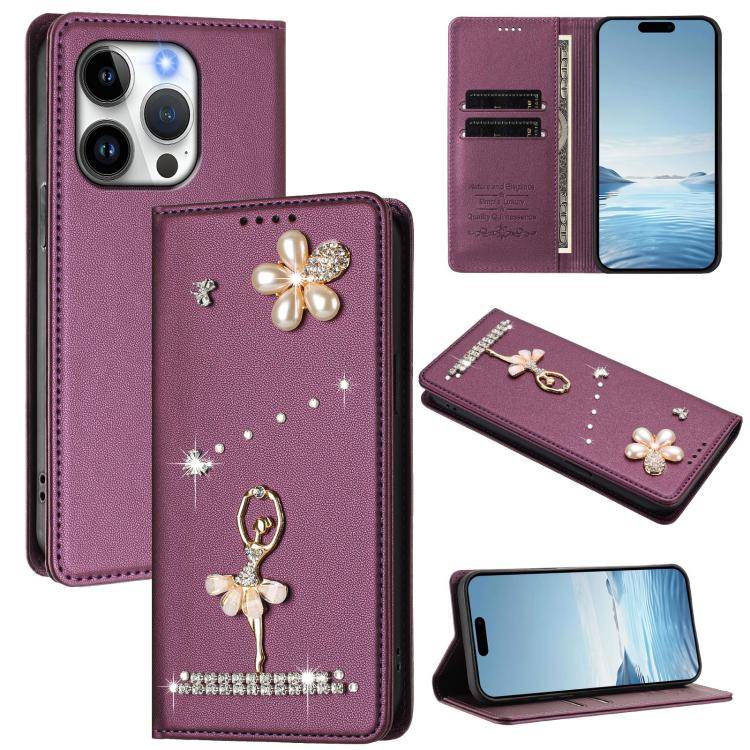 バレリーナダイヤモンドスタッズRFIDヴィーガンレザースマホケース、iPhone 16 Pro用、iPhone 16 Plus用、iPhone 16用、iPhone 15 Pro Max用、iPhone 15 Pro用、iPhone 15 Plus用