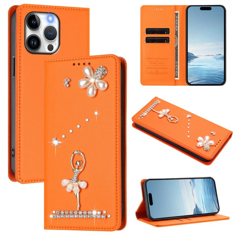 バレリーナダイヤモンドスタッズRFIDヴィーガンレザースマホケース、iPhone 16 Pro用、iPhone 16 Plus用、iPhone 16用、iPhone 15 Pro Max用、iPhone 15 Pro用、iPhone 15 Plus用