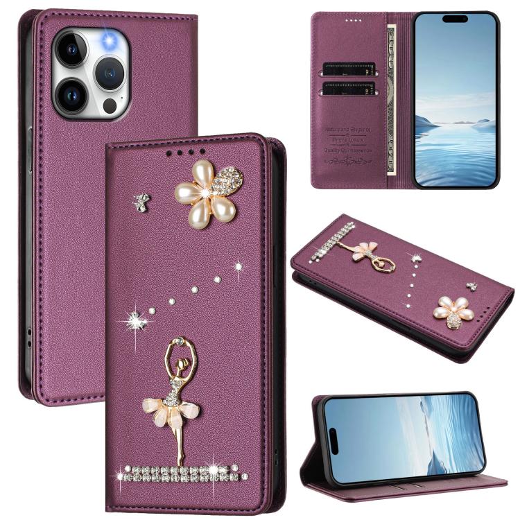 バレリーナダイヤモンドスタッズRFIDヴィーガンレザースマホケース、iPhone 16 Pro用、iPhone 16 Plus用、iPhone 16用、iPhone 15 Pro Max用、iPhone 15 Pro用、iPhone 15 Plus用