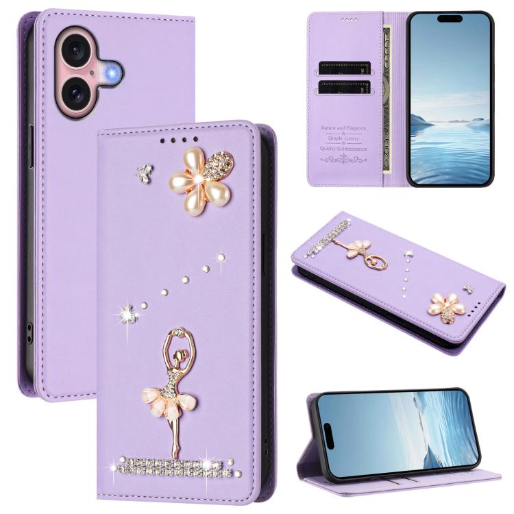 バレリーナダイヤモンドスタッズRFIDヴィーガンレザースマホケース、iPhone 16 Pro用、iPhone 16 Plus用、iPhone 16用、iPhone 15 Pro Max用、iPhone 15 Pro用、iPhone 15 Plus用