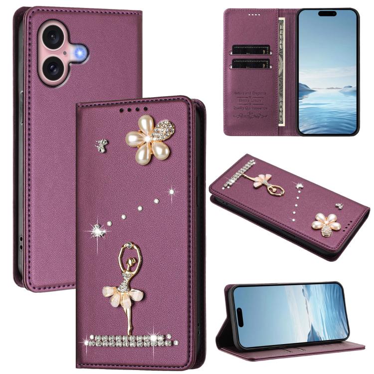 バレリーナダイヤモンドスタッズRFIDヴィーガンレザースマホケース、iPhone 16 Pro用、iPhone 16 Plus用、iPhone 16用、iPhone 15 Pro Max用、iPhone 15 Pro用、iPhone 15 Plus用
