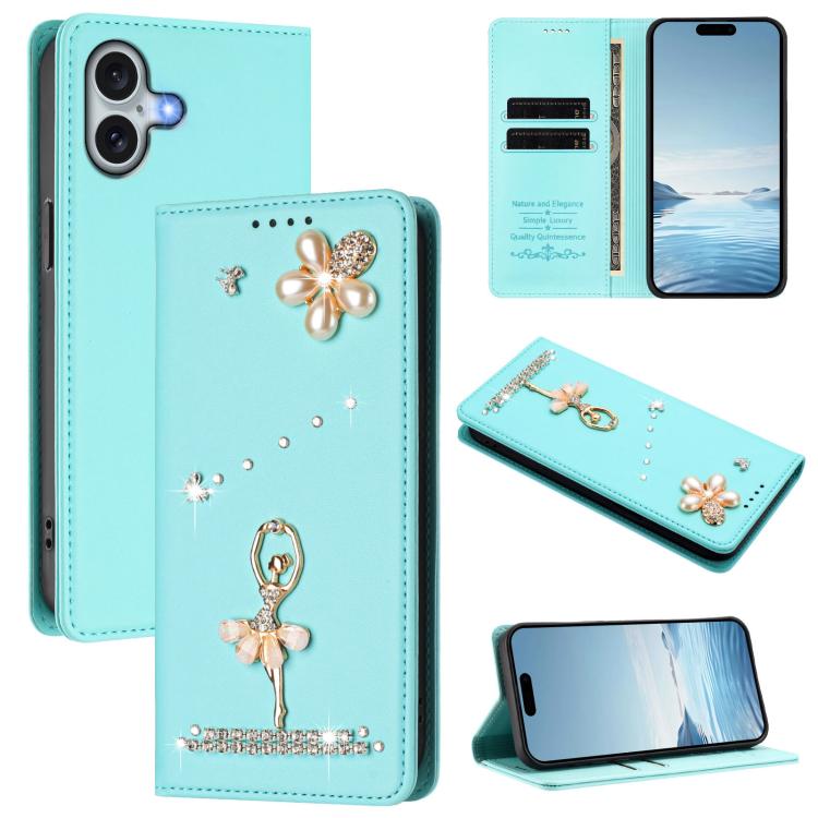 バレリーナダイヤモンドスタッズRFIDヴィーガンレザースマホケース、iPhone 16 Pro用、iPhone 16 Plus用、iPhone 16用、iPhone 15 Pro Max用、iPhone 15 Pro用、iPhone 15 Plus用