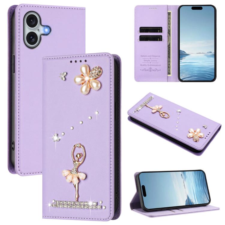 バレリーナダイヤモンドスタッズRFIDヴィーガンレザースマホケース、iPhone 16 Pro用、iPhone 16 Plus用、iPhone 16用、iPhone 15 Pro Max用、iPhone 15 Pro用、iPhone 15 Plus用