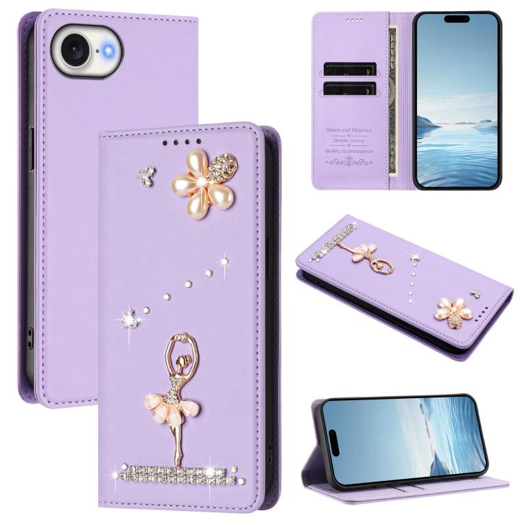 バレリーナダイヤモンドスタッズRFIDヴィーガンレザースマホケース、iPhone 17e / 16e用、iPhone 17 Pro Max用、iPhone 17 Pro用、iPhone 17用、iPhone Air用、iPhone 16 Pro Max用