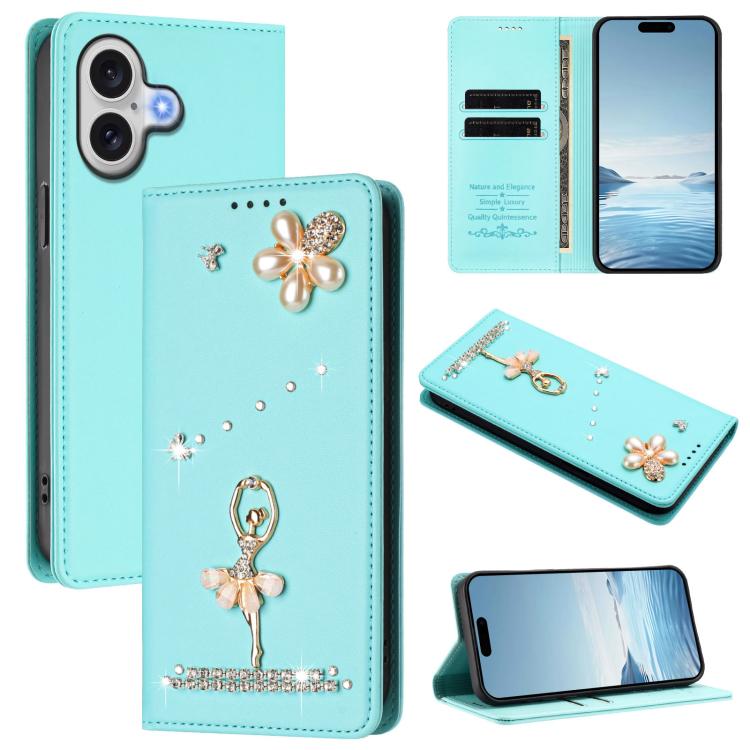 バレリーナダイヤモンドスタッズRFIDヴィーガンレザースマホケース、iPhone 17e / 16e用、iPhone 17 Pro Max用、iPhone 17 Pro用、iPhone 17用、iPhone Air用、iPhone 16 Pro Max用