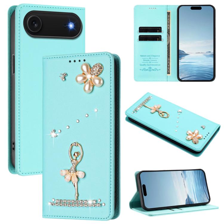 バレリーナダイヤモンドスタッズRFIDヴィーガンレザースマホケース、iPhone 17e / 16e用、iPhone 17 Pro Max用、iPhone 17 Pro用、iPhone 17用、iPhone Air用、iPhone 16 Pro Max用