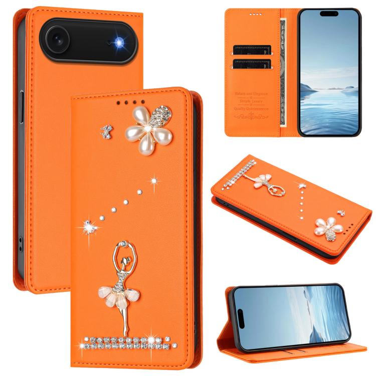 バレリーナダイヤモンドスタッズRFIDヴィーガンレザースマホケース、iPhone 17e / 16e用、iPhone 17 Pro Max用、iPhone 17 Pro用、iPhone 17用、iPhone Air用、iPhone 16 Pro Max用