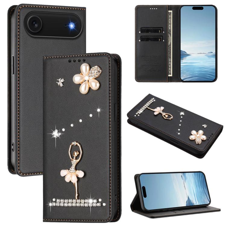 バレリーナダイヤモンドスタッズRFIDヴィーガンレザースマホケース、iPhone 17e / 16e用、iPhone 17 Pro Max用、iPhone 17 Pro用、iPhone 17用、iPhone Air用、iPhone 16 Pro Max用
