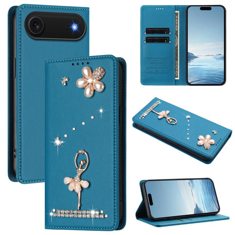 バレリーナダイヤモンドスタッズRFIDヴィーガンレザースマホケース、iPhone 17e / 16e用、iPhone 17 Pro Max用、iPhone 17 Pro用、iPhone 17用、iPhone Air用、iPhone 16 Pro Max用