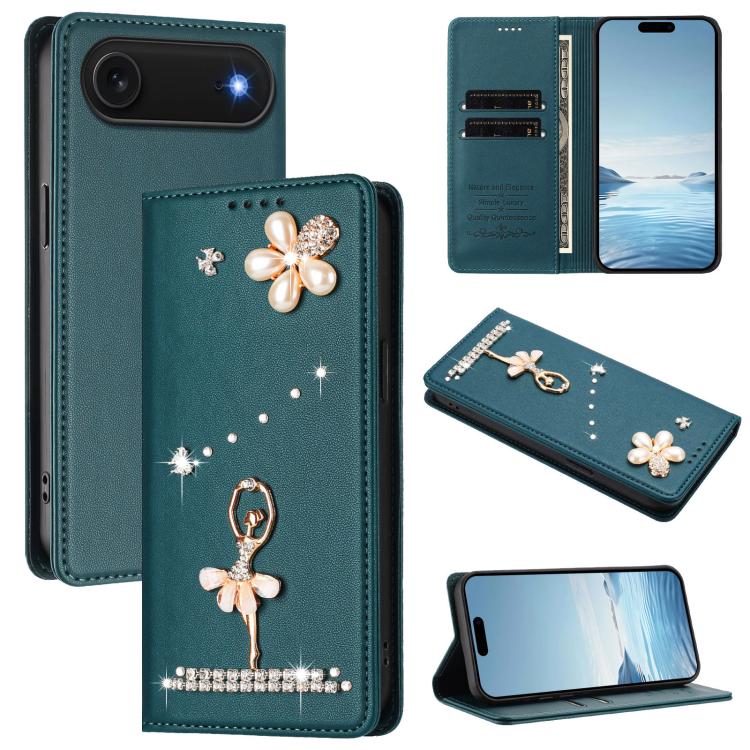 バレリーナダイヤモンドスタッズRFIDヴィーガンレザースマホケース、iPhone 17e / 16e用、iPhone 17 Pro Max用、iPhone 17 Pro用、iPhone 17用、iPhone Air用、iPhone 16 Pro Max用