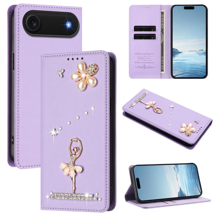 バレリーナダイヤモンドスタッズRFIDヴィーガンレザースマホケース、iPhone 17e / 16e用、iPhone 17 Pro Max用、iPhone 17 Pro用、iPhone 17用、iPhone Air用、iPhone 16 Pro Max用