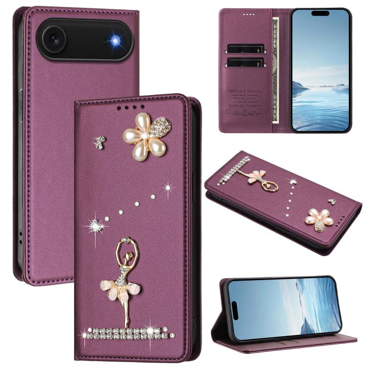 バレリーナダイヤモンドスタッズRFIDヴィーガンレザースマホケース、iPhone 17e / 16e用、iPhone 17 Pro Max用、iPhone 17 Pro用、iPhone 17用、iPhone Air用、iPhone 16 Pro Max用