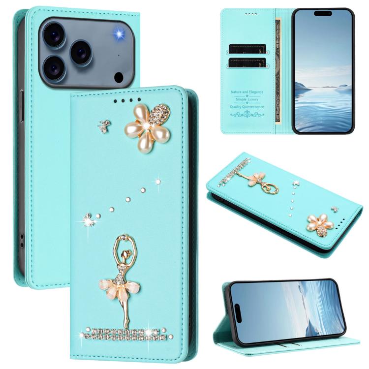 バレリーナダイヤモンドスタッズRFIDヴィーガンレザースマホケース、iPhone 17e / 16e用、iPhone 17 Pro Max用、iPhone 17 Pro用、iPhone 17用、iPhone Air用、iPhone 16 Pro Max用