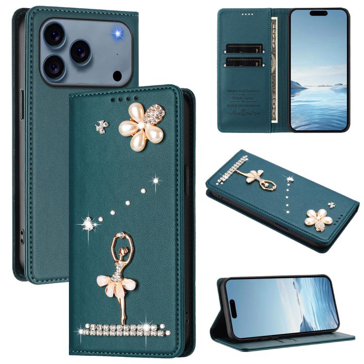 バレリーナダイヤモンドスタッズRFIDヴィーガンレザースマホケース、iPhone 17e / 16e用、iPhone 17 Pro Max用、iPhone 17 Pro用、iPhone 17用、iPhone Air用、iPhone 16 Pro Max用