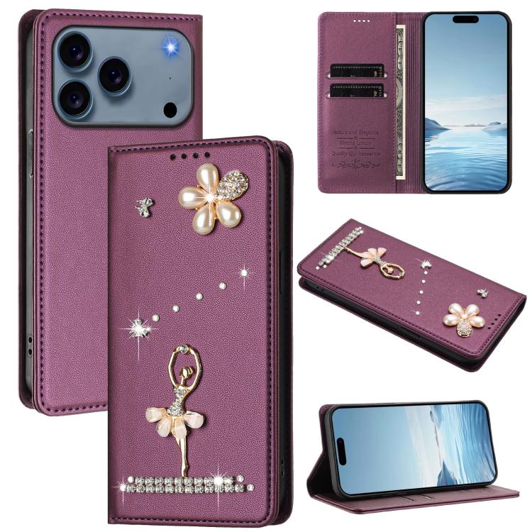 バレリーナダイヤモンドスタッズRFIDヴィーガンレザースマホケース、iPhone 17e / 16e用、iPhone 17 Pro Max用、iPhone 17 Pro用、iPhone 17用、iPhone Air用、iPhone 16 Pro Max用