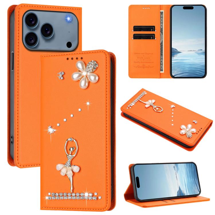 バレリーナダイヤモンドスタッズRFIDヴィーガンレザースマホケース、iPhone 17e / 16e用、iPhone 17 Pro Max用、iPhone 17 Pro用、iPhone 17用、iPhone Air用、iPhone 16 Pro Max用