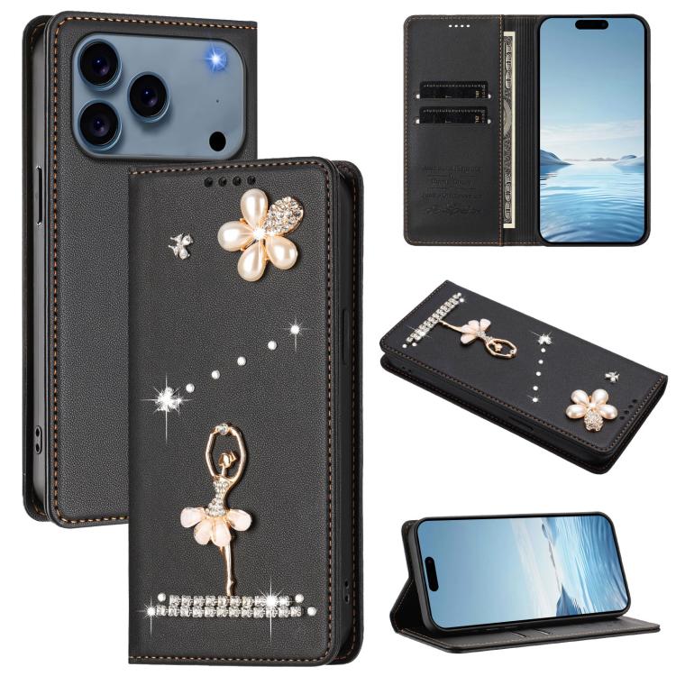 バレリーナダイヤモンドスタッズRFIDヴィーガンレザースマホケース、iPhone 17e / 16e用、iPhone 17 Pro Max用、iPhone 17 Pro用、iPhone 17用、iPhone Air用、iPhone 16 Pro Max用