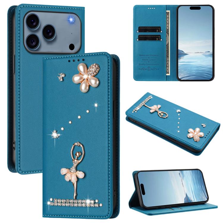 バレリーナダイヤモンドスタッズRFIDヴィーガンレザースマホケース、iPhone 17e / 16e用、iPhone 17 Pro Max用、iPhone 17 Pro用、iPhone 17用、iPhone Air用、iPhone 16 Pro Max用