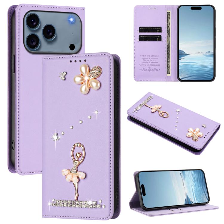 バレリーナダイヤモンドスタッズRFIDヴィーガンレザースマホケース、iPhone 17e / 16e用、iPhone 17 Pro Max用、iPhone 17 Pro用、iPhone 17用、iPhone Air用、iPhone 16 Pro Max用