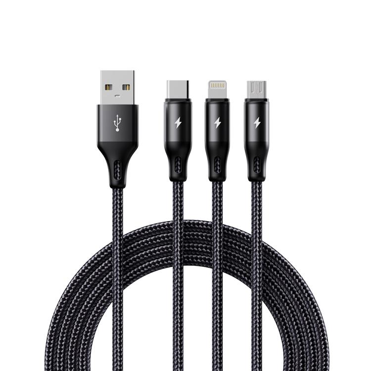 ROCK RCB0790 1.2m 3-in-1 USB to 8ピン + Type-C + マイクロUSB メタル編組充電ケーブル, RCB0790
