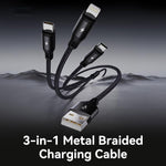 ROCK RCB0790 1.2m 3-in-1 USB to 8ピン + Type-C + マイクロUSB メタル編組充電ケーブル, RCB0790